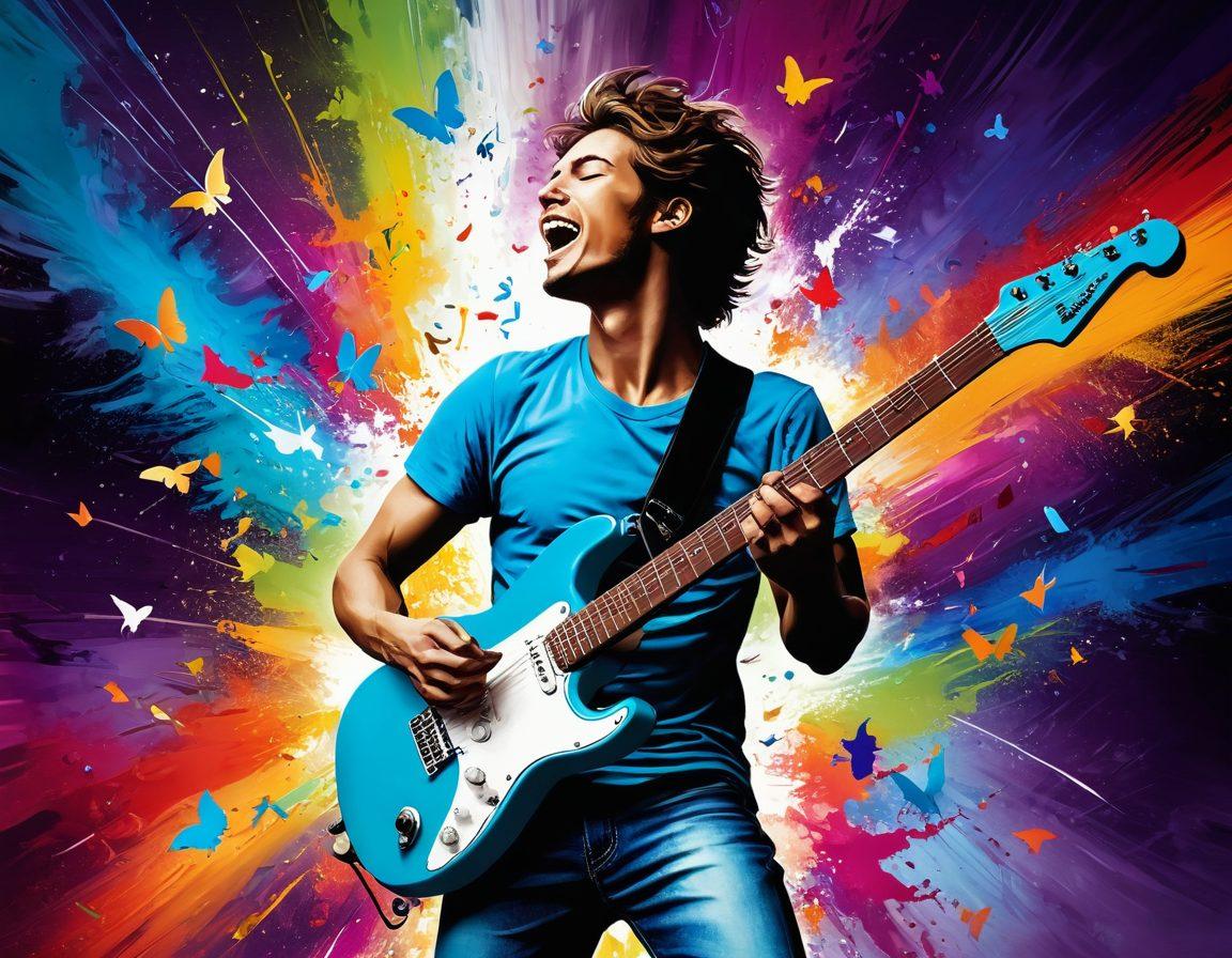 A vibrant scene depicting a person joyously rocking out on a colorful electric guitar amidst a swirling backdrop of fantastical dreams and ideas. Bright splashes of color represent creativity, with whimsical elements like musical notes transforming into butterflies and stars. The atmosphere is filled with energy and excitement, capturing the essence of imaginative joy. super-realistic. vibrant colors. abstract background.