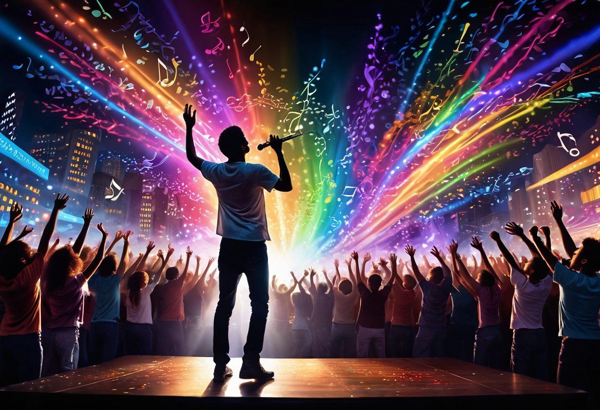 A dynamic scene of a young musician standing on stage, immersed in bright, colorful lights, surrounded by swirling musical notes that visualize their daydreams. The crowd is energized, hands in the air, with a backdrop of an ethereal cityscape. Include elements of diverse musical instruments and vivid expressions of joy. vibrant colors. super-realistic. high energy.