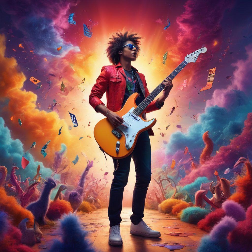 A vibrant and colorful scene featuring a person rocking out on stage with an electric guitar, surrounded by whimsical musical notes swirling around. The background showcases a fantastical landscape filled with imaginative creatures and vivid colors, representing creativity and joy. The person is adorned in eccentric clothing, embodying the essence of a true rockstar. The overall mood is energetic and inspiring, inviting the viewer to explore their creativity. 3D. vibrant colors. surreal style.